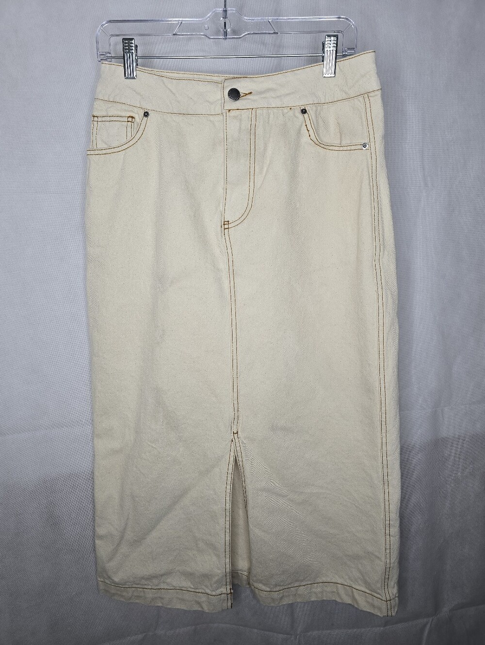Velvet Heart Paulina Midi Denim Skirt Neutral Beige Front Slit Western M